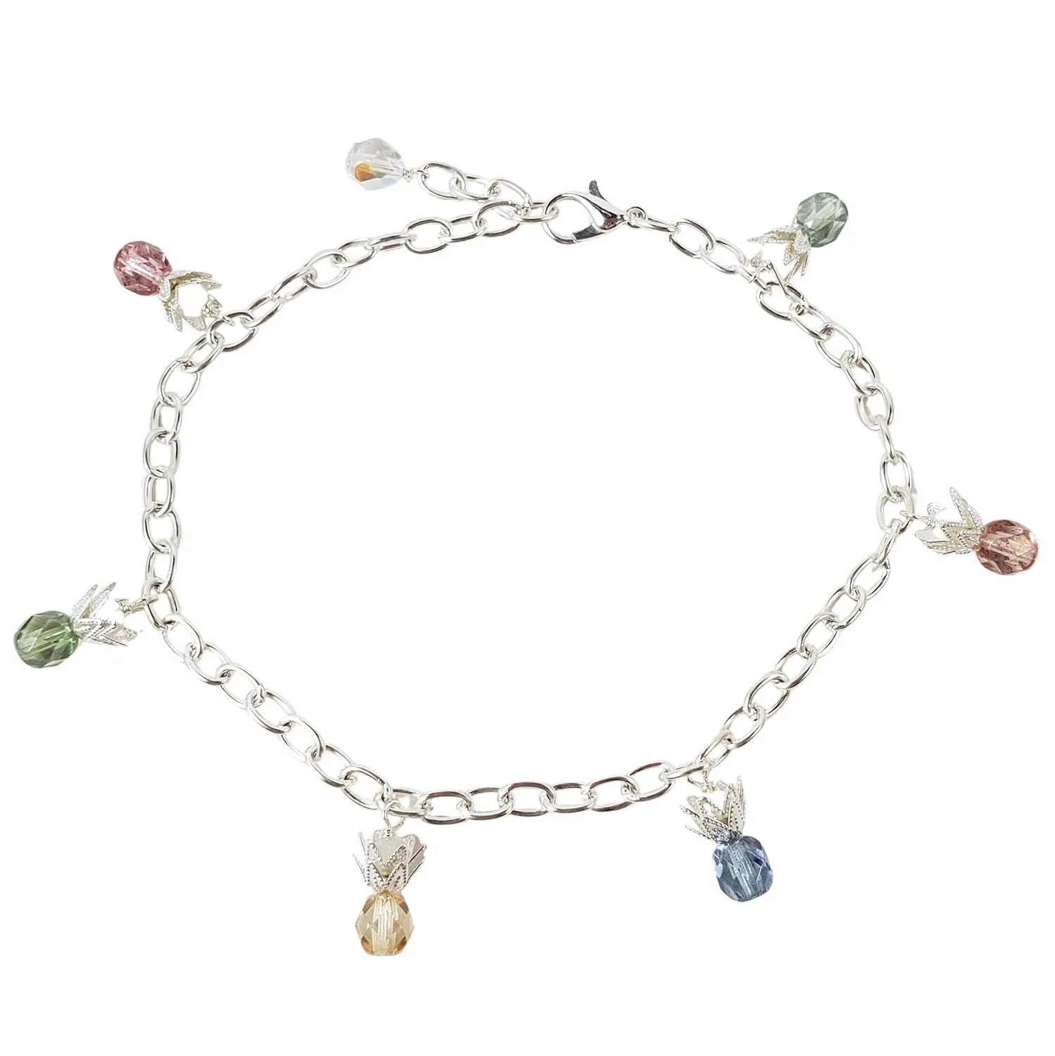 Pineapple rainbow charm anklet in silver-hypoallergenic for sensitive skin, Handmade in Hawaii Beach Jewelry