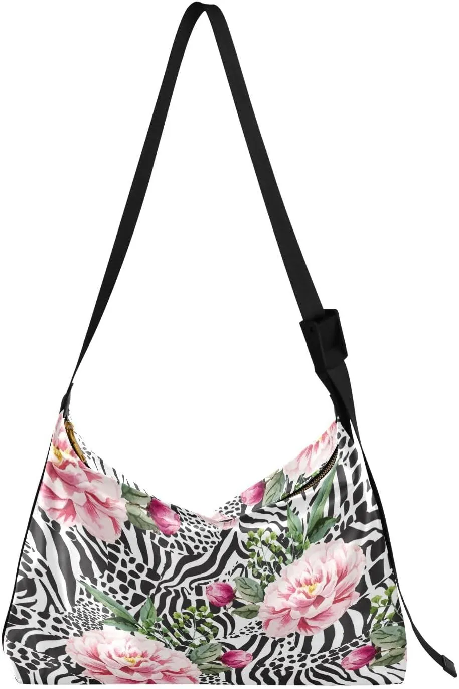 Pink Rose Pattern Hobo Crossbody Bags for Women Leather Large Shoulder Bag Cross Body Zebra Leopard Texture Trendy Womens Tote Bags Handbag for Travel Shopping