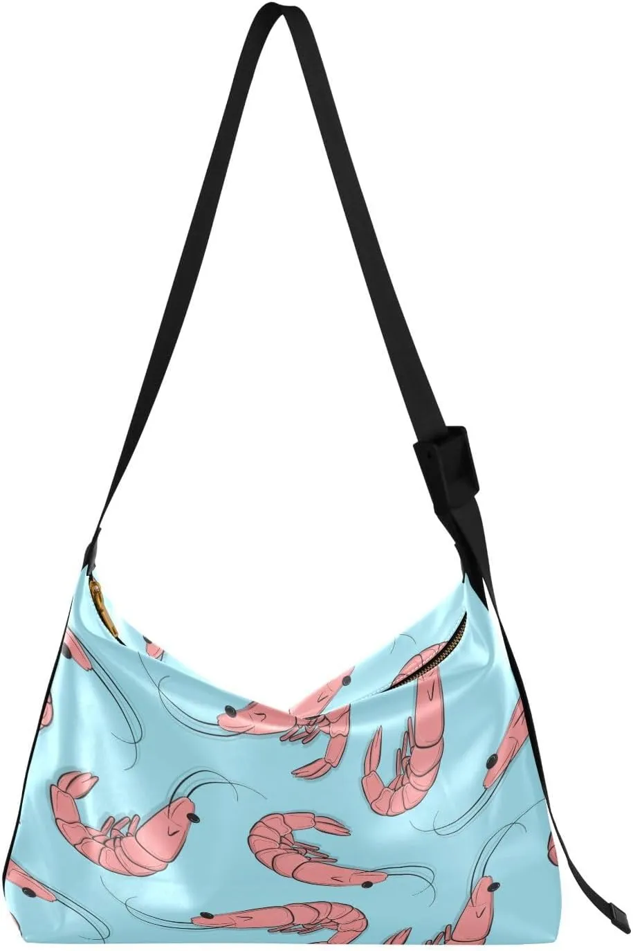 Pink Shrimps on Blue Hobo Crossbody Bags for Women Leather Large Shoulder Bag Cross Body Sea Food Trendy Womens Tote Bags Handbag for Travel Shopping