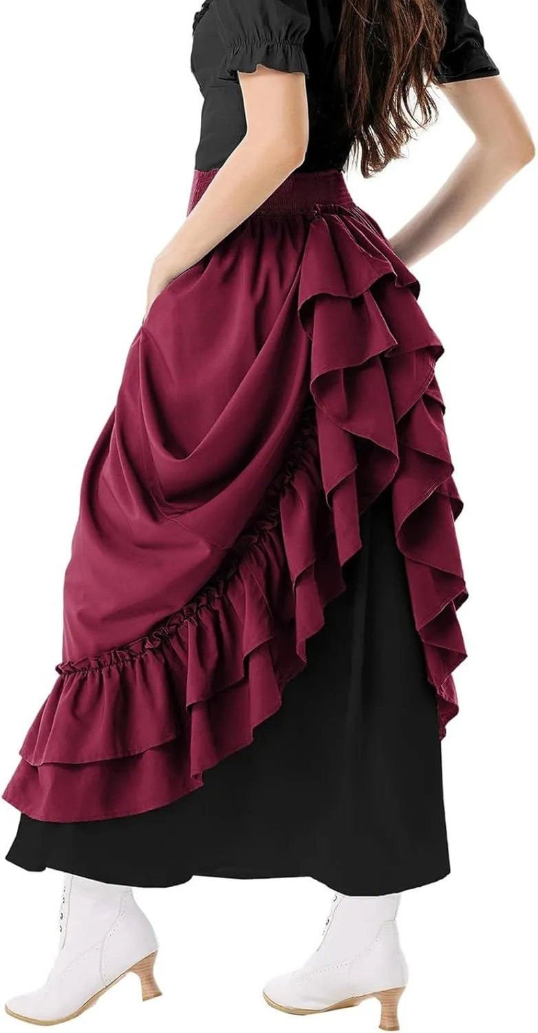 Plus Size Skirts Women Retro Medieval Elastic Lace High Waist Boho Maxi Skirt Casual Drawstring A Line Long Skirt