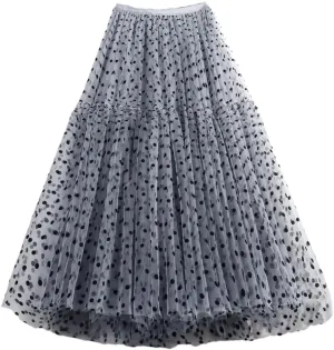Polka Dot Tulle Skirts Women Casual Mesh Elastic High Waist A-Line Skirt Female Party Beach Midi Pleated Skirt
