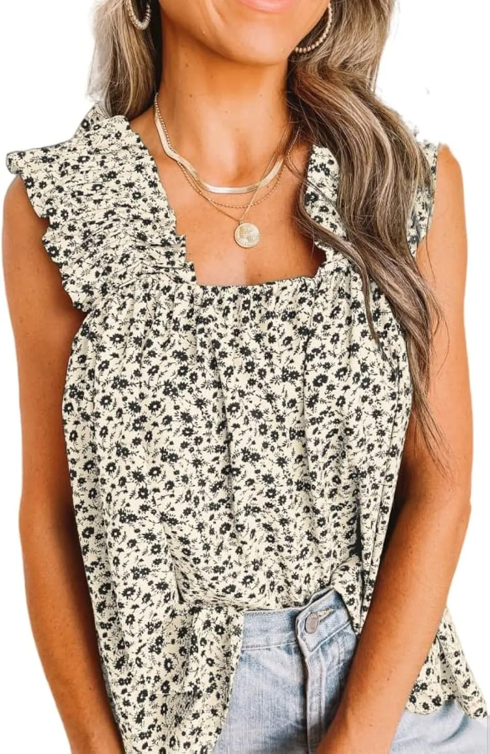 PRETTYGARDEN Boho Floral Tank Tops for Women, Shirred Straps Pleated Summer Casual Sleeveless Shirts Tops Beach Blouses