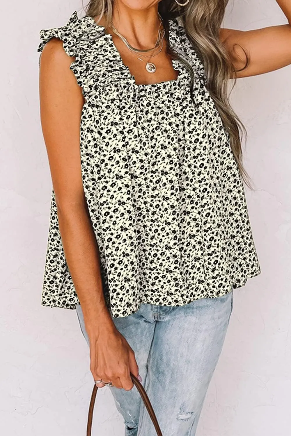 PRETTYGARDEN Boho Floral Tank Tops for Women, Shirred Straps Pleated Summer Casual Sleeveless Shirts Tops Beach Blouses