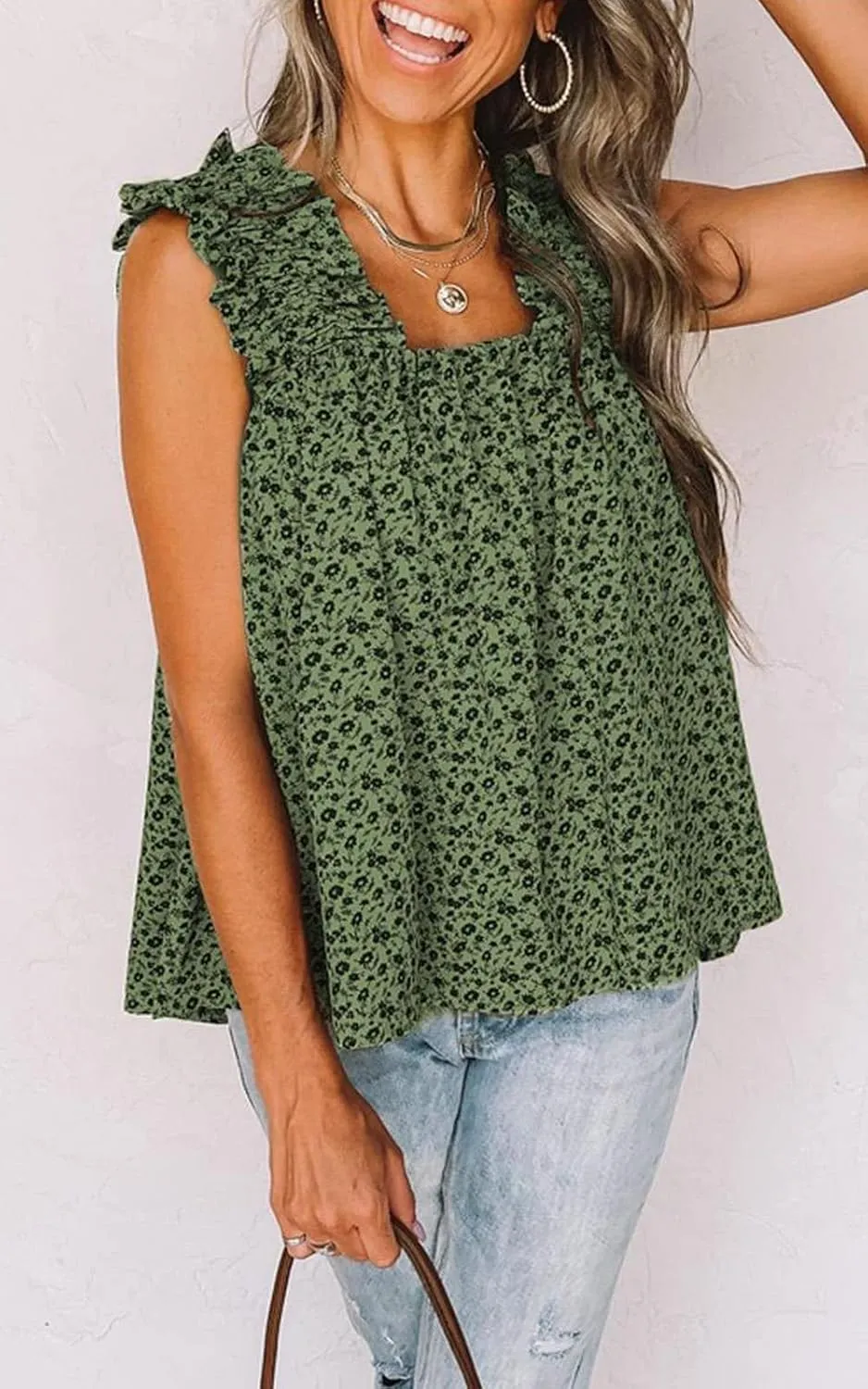 PRETTYGARDEN Boho Floral Tank Tops for Women, Shirred Straps Pleated Summer Casual Sleeveless Shirts Tops Beach Blouses