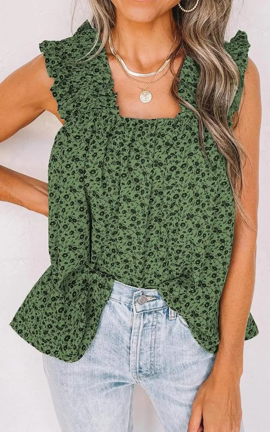 PRETTYGARDEN Boho Floral Tank Tops for Women, Shirred Straps Pleated Summer Casual Sleeveless Shirts Tops Beach Blouses