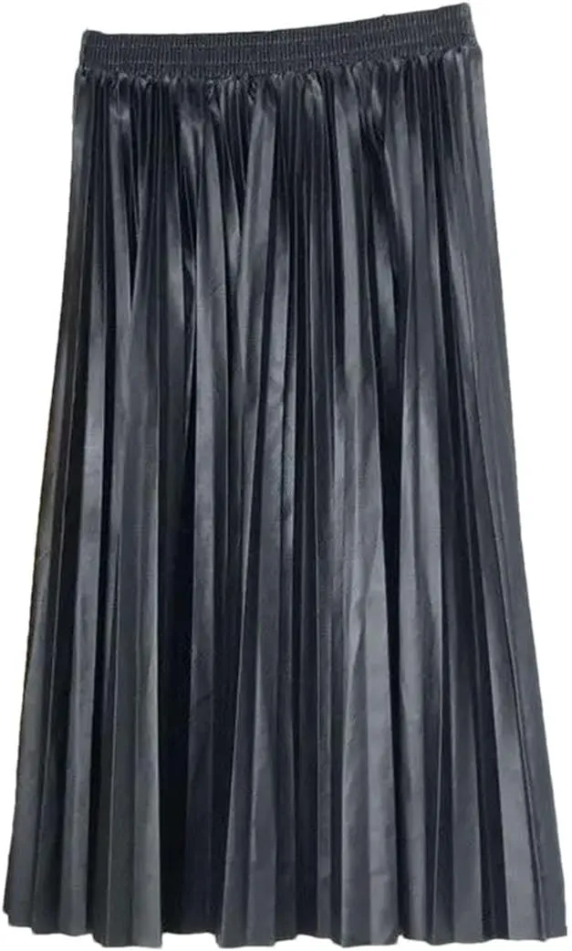 PU Leather Skirt High Waist Midi Pleated Skirt Solid Color Korean Skirts Womens Casual Skirts