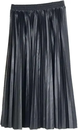 PU Leather Skirt High Waist Midi Pleated Skirt Solid Color Korean Skirts Womens Casual Skirts