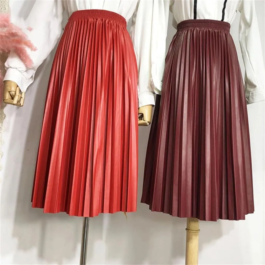 PU Leather Skirt High Waist Midi Pleated Skirt Solid Color Korean Skirts Womens Casual Skirts