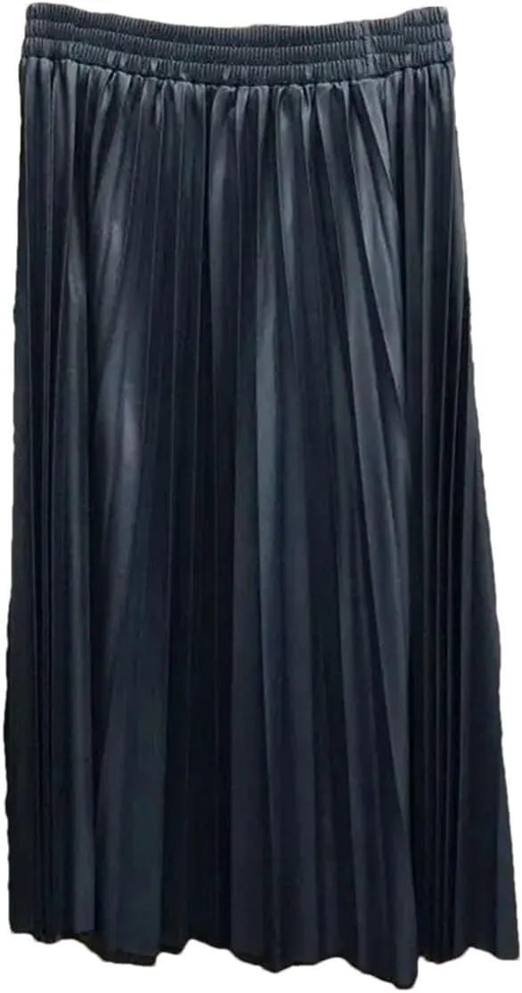 PU Leather Skirt High Waist Midi Pleated Skirt Solid Color Korean Skirts Womens Casual Skirts