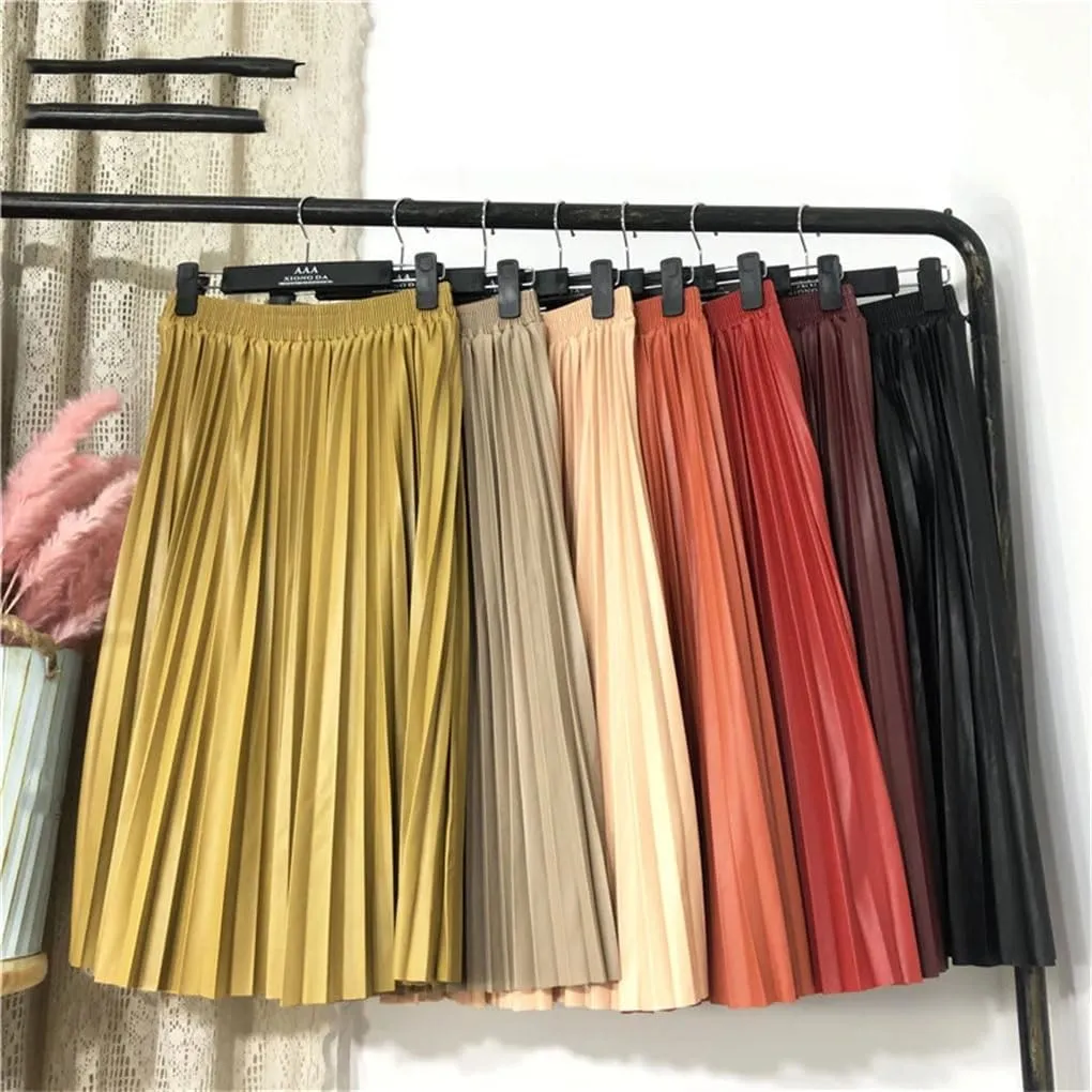 PU Leather Skirt High Waist Midi Pleated Skirt Solid Color Korean Skirts Womens Casual Skirts