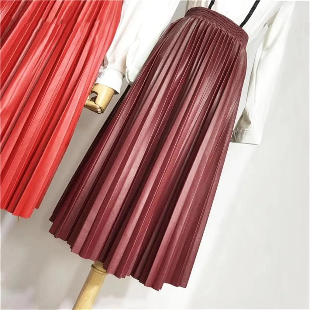 PU Leather Skirt High Waist Midi Pleated Skirt Solid Color Korean Skirts Womens Casual Skirts