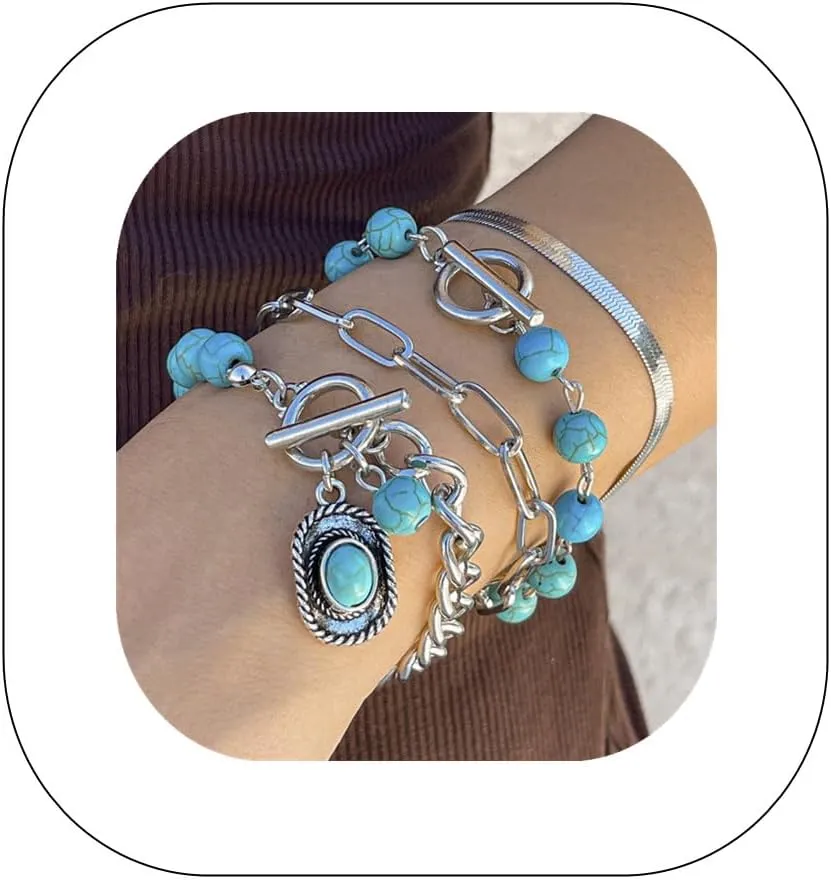 Punk Stacking Turquoise Stone Bracelet Set Sturdy Flat Paperclip Cuban Link Chain Bangle Hip Hop Bead Ball Exaggerated OT Clasp Wristband for Halloween Costume Women