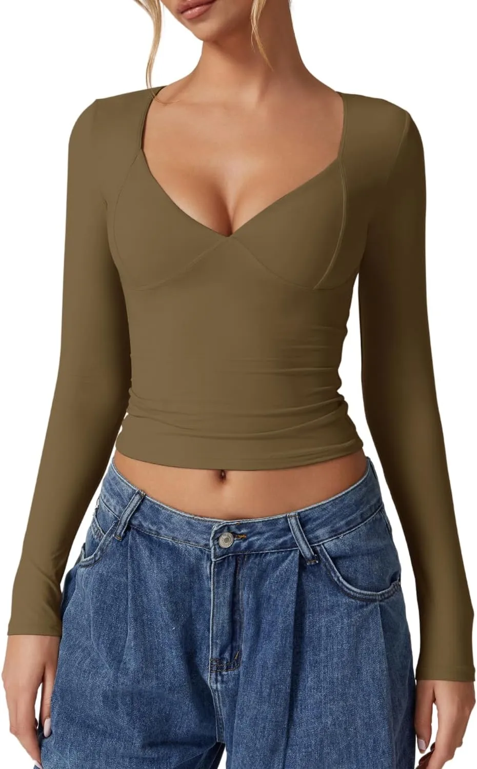 QINSEN Women's Long Sleeve V Neck T Shirts Double Lined Crop Top Seamed Cup Going Out Tops