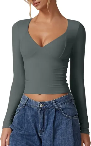 QINSEN Women's Long Sleeve V Neck T Shirts Double Lined Crop Top Seamed Cup Going Out Tops