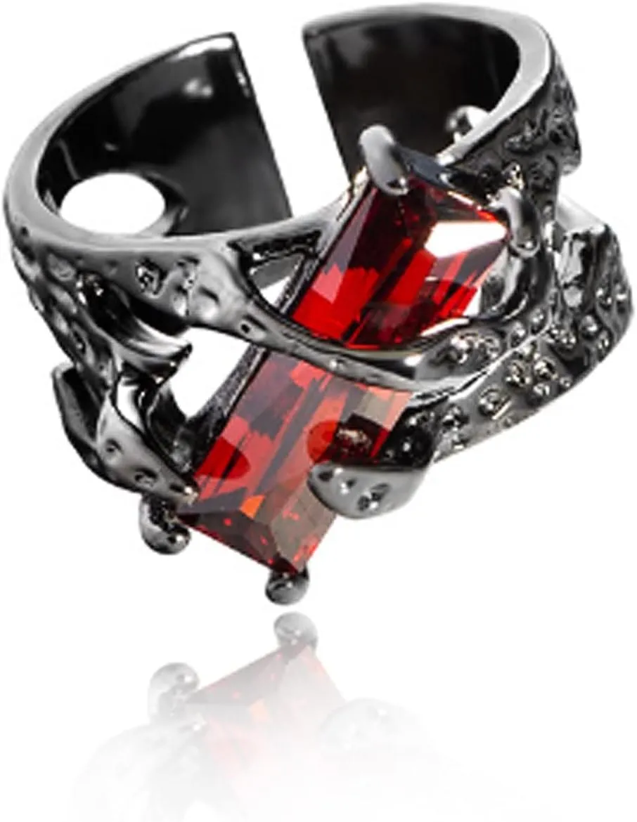 Retro Open Adjustable Red Crystal Cocktail Statement Ring Zircon Punk Engagement Wedding Bands Rings Luxury Fashion Jewelry for Women Gift Black Gold Plated