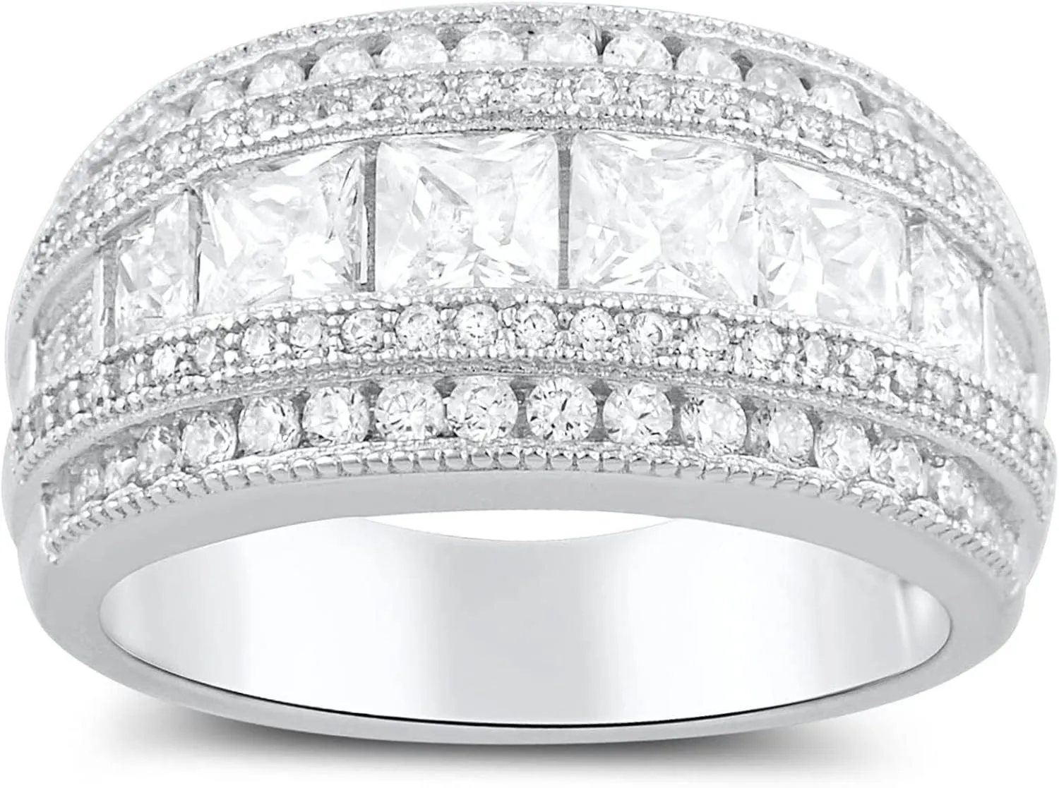 Rhodium Plated Sterling Silver Wide Square Cut Womens Cubic Zirconia Statement Ring Unique Silver Ladies Cocktail Rings (Size 4-11)
