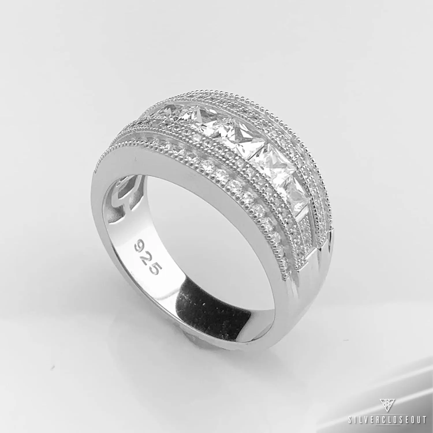 Rhodium Plated Sterling Silver Wide Square Cut Womens Cubic Zirconia Statement Ring Unique Silver Ladies Cocktail Rings (Size 4-11)