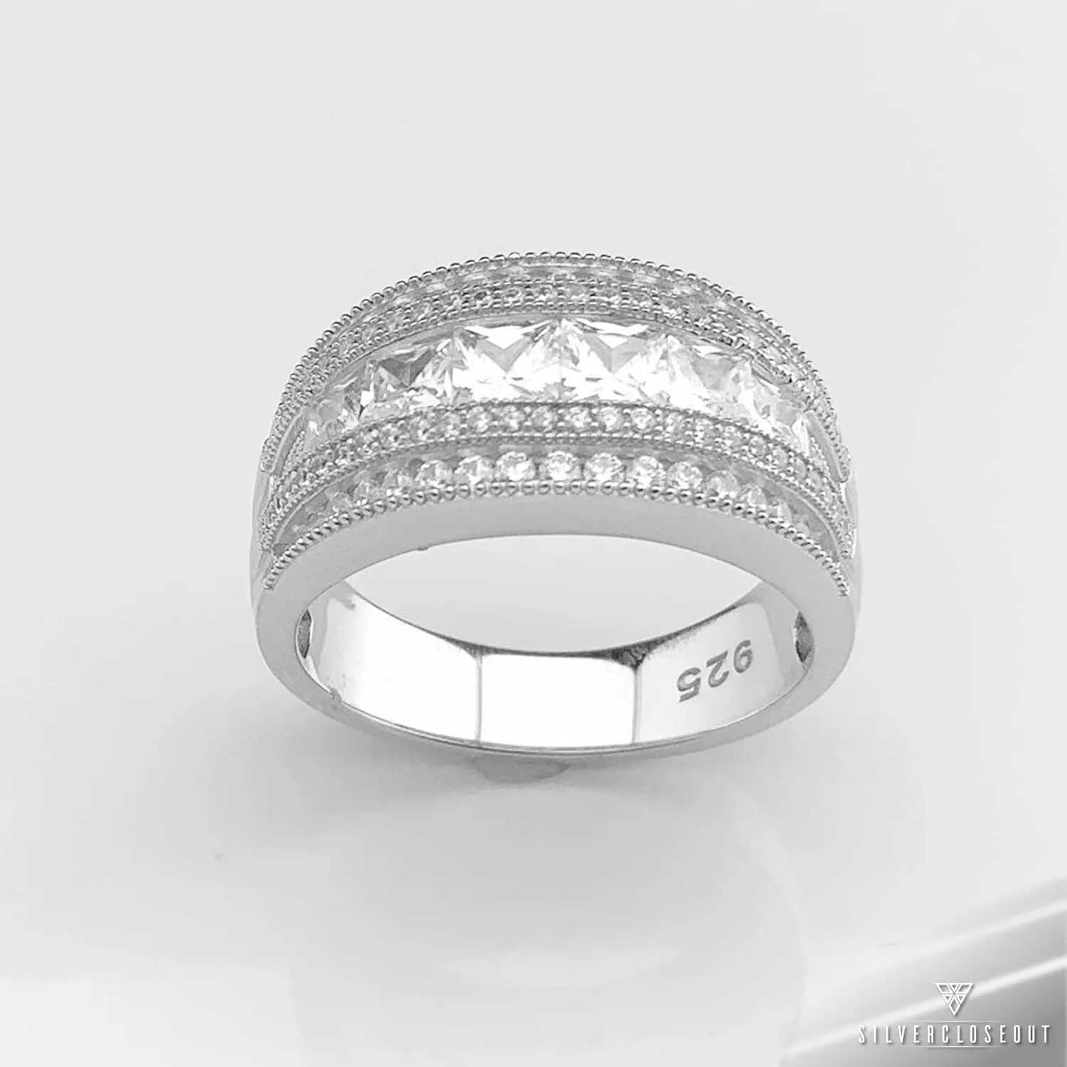 Rhodium Plated Sterling Silver Wide Square Cut Womens Cubic Zirconia Statement Ring Unique Silver Ladies Cocktail Rings (Size 4-11)