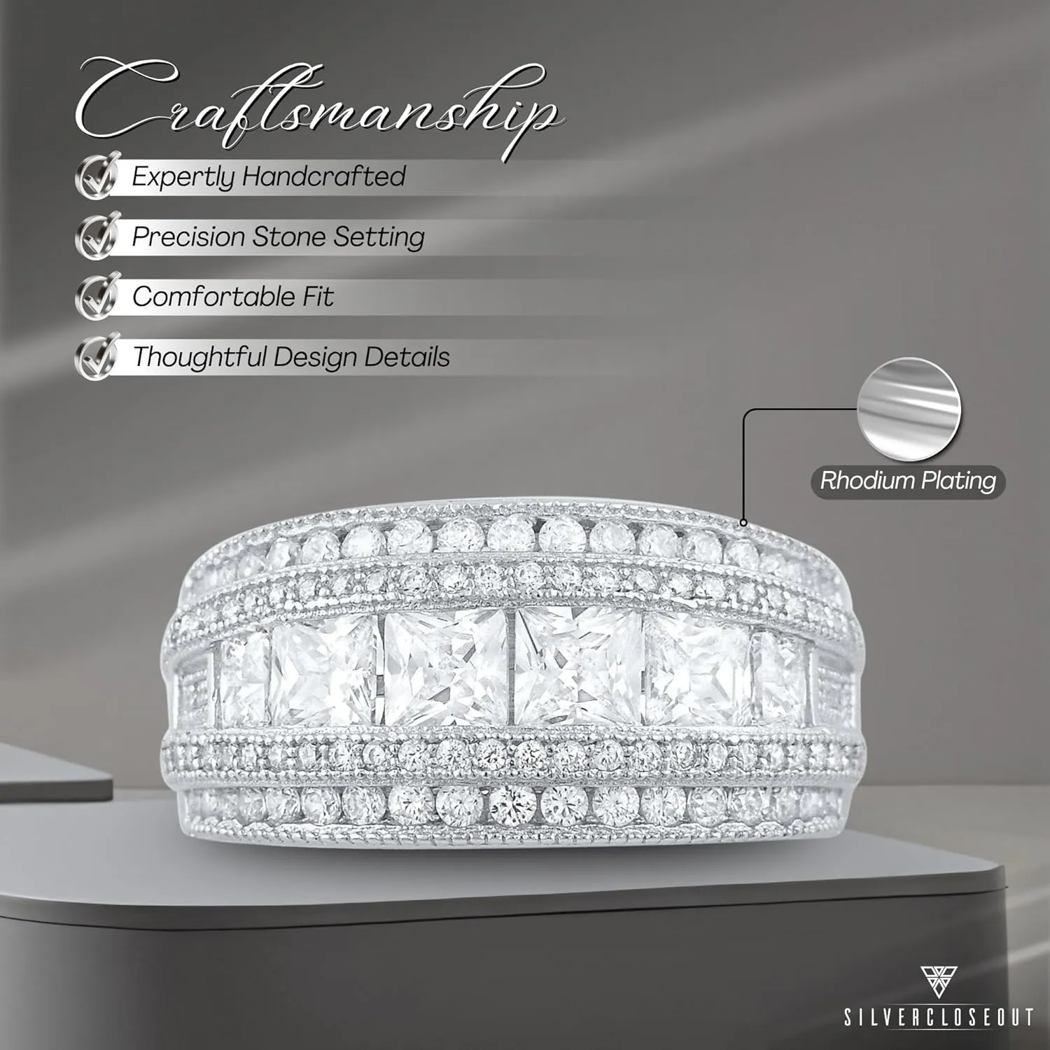 Rhodium Plated Sterling Silver Wide Square Cut Womens Cubic Zirconia Statement Ring Unique Silver Ladies Cocktail Rings (Size 4-11)