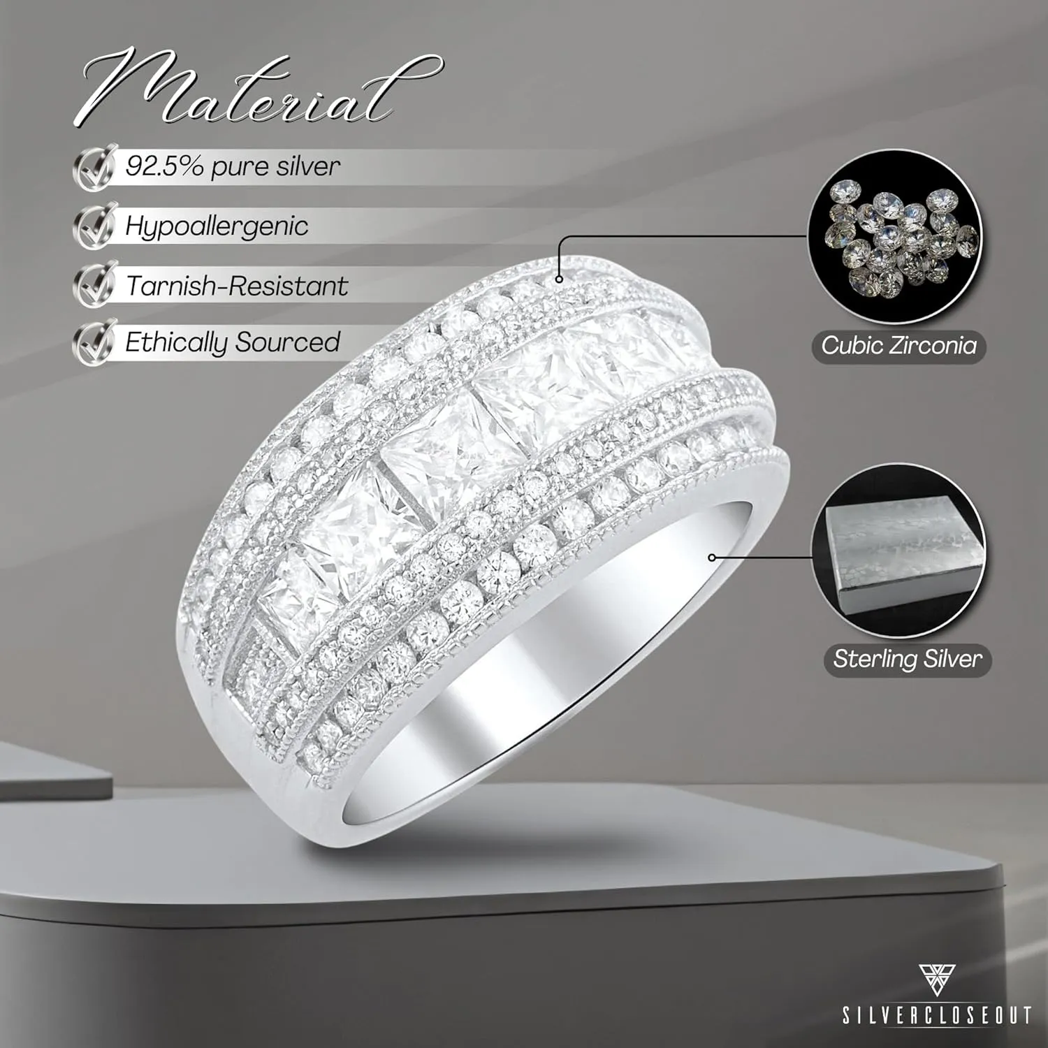 Rhodium Plated Sterling Silver Wide Square Cut Womens Cubic Zirconia Statement Ring Unique Silver Ladies Cocktail Rings (Size 4-11)