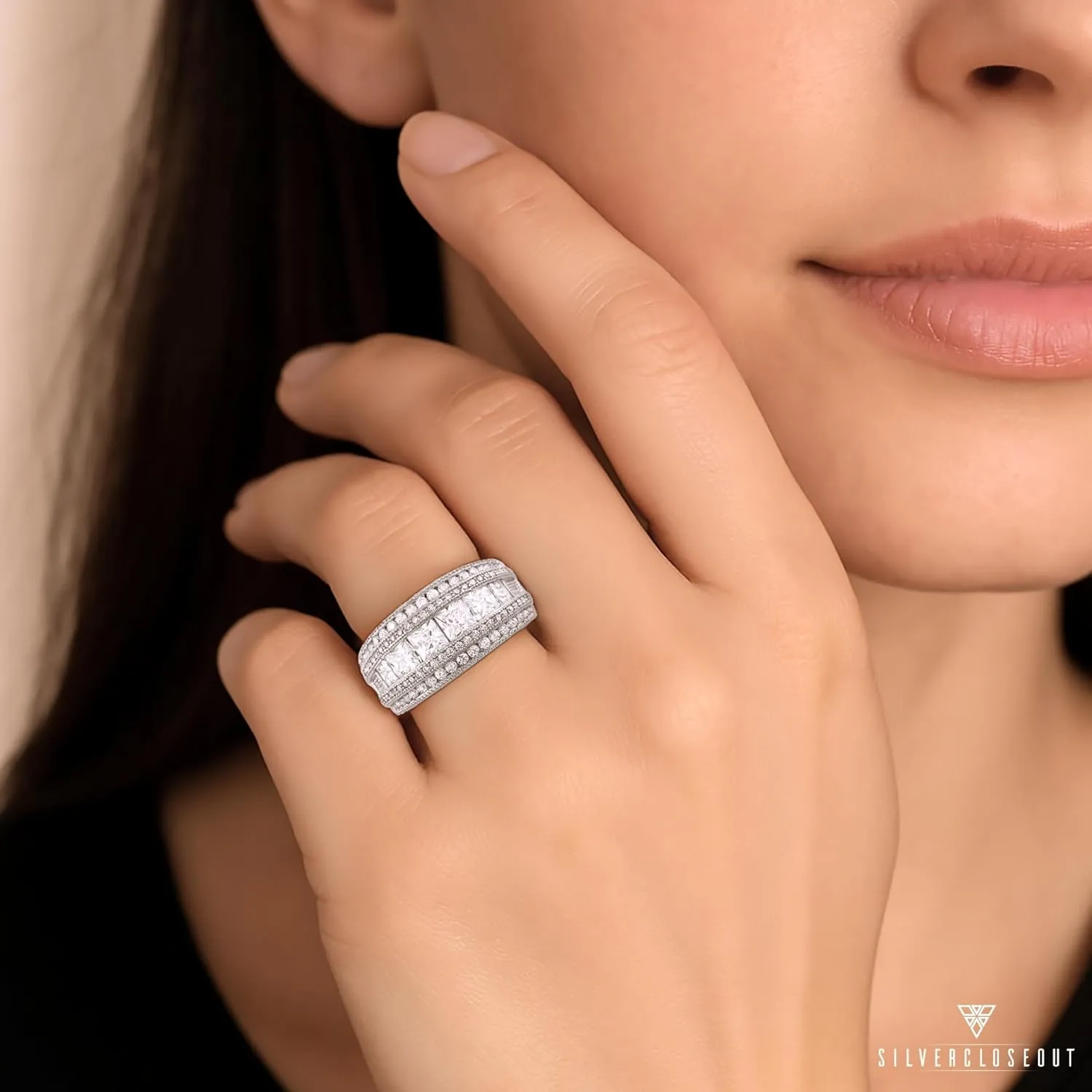 Rhodium Plated Sterling Silver Wide Square Cut Womens Cubic Zirconia Statement Ring Unique Silver Ladies Cocktail Rings (Size 4-11)