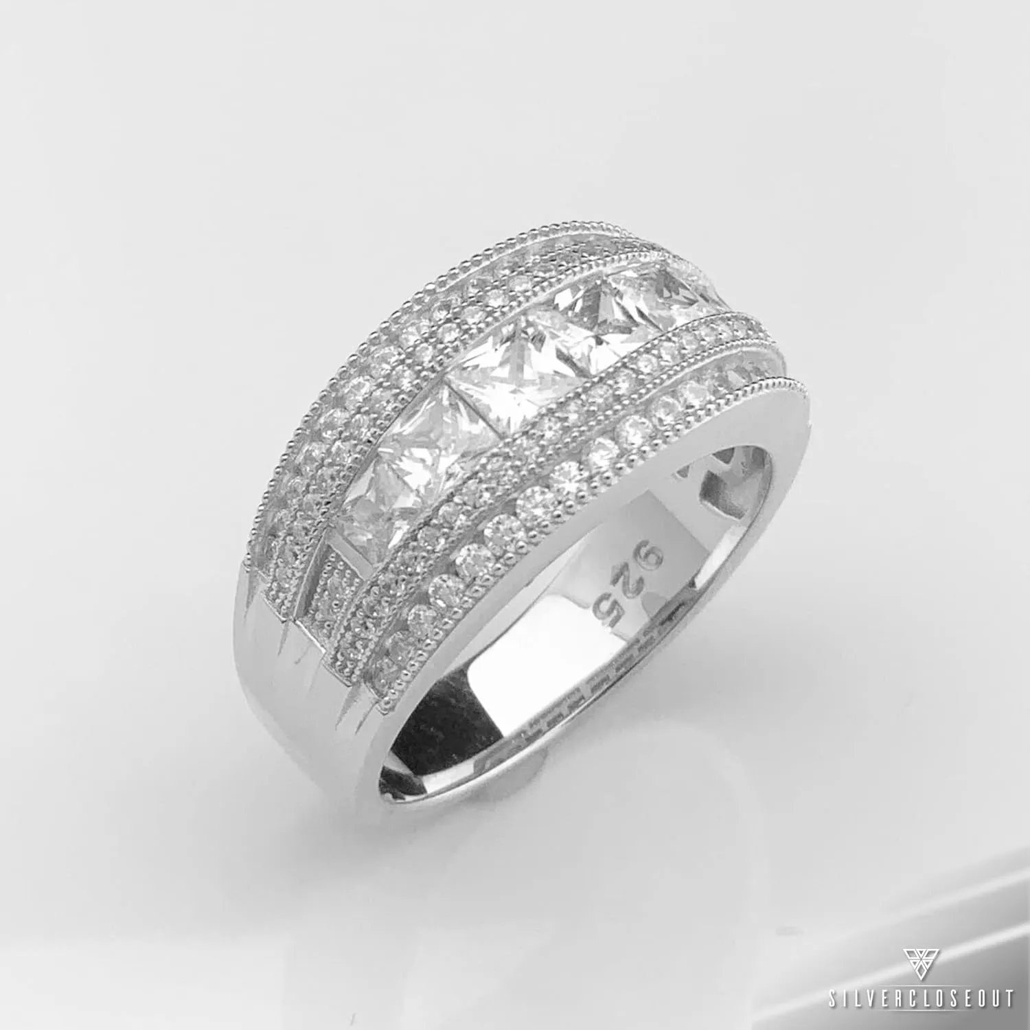 Rhodium Plated Sterling Silver Wide Square Cut Womens Cubic Zirconia Statement Ring Unique Silver Ladies Cocktail Rings (Size 4-11)