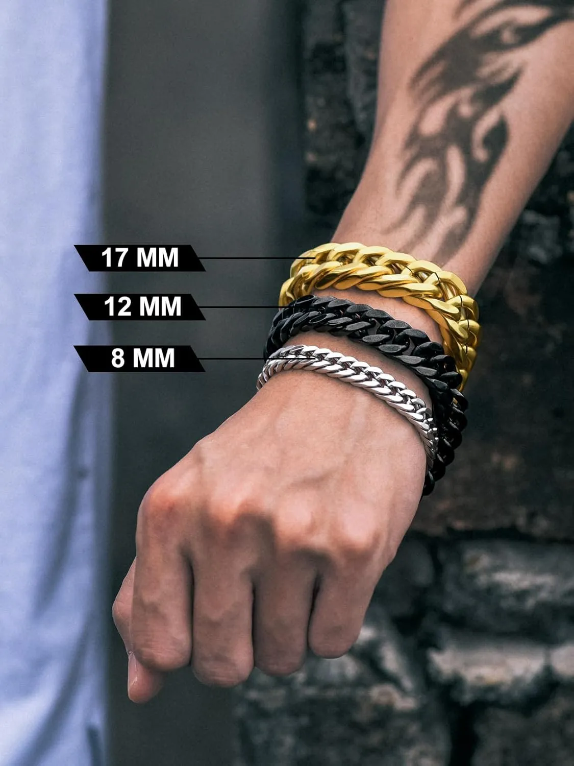 Richsteel Father's Day Bracelets for Men Cuban Link Chain Bracelets 8/12/17mm Width Stainless Steel Chain Wrist Bracelets, 7.4/8.2/9 Inch Length Classic Jewelry for Christmas/Valentine's Day/Birthday