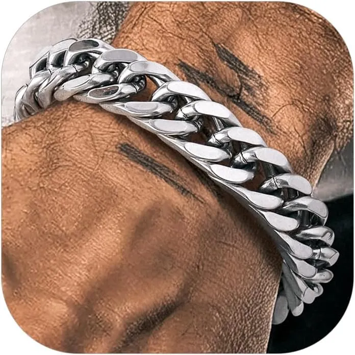 Richsteel Father's Day Bracelets for Men Cuban Link Chain Bracelets 8/12/17mm Width Stainless Steel Chain Wrist Bracelets, 7.4/8.2/9 Inch Length Classic Jewelry for Christmas/Valentine's Day/Birthday