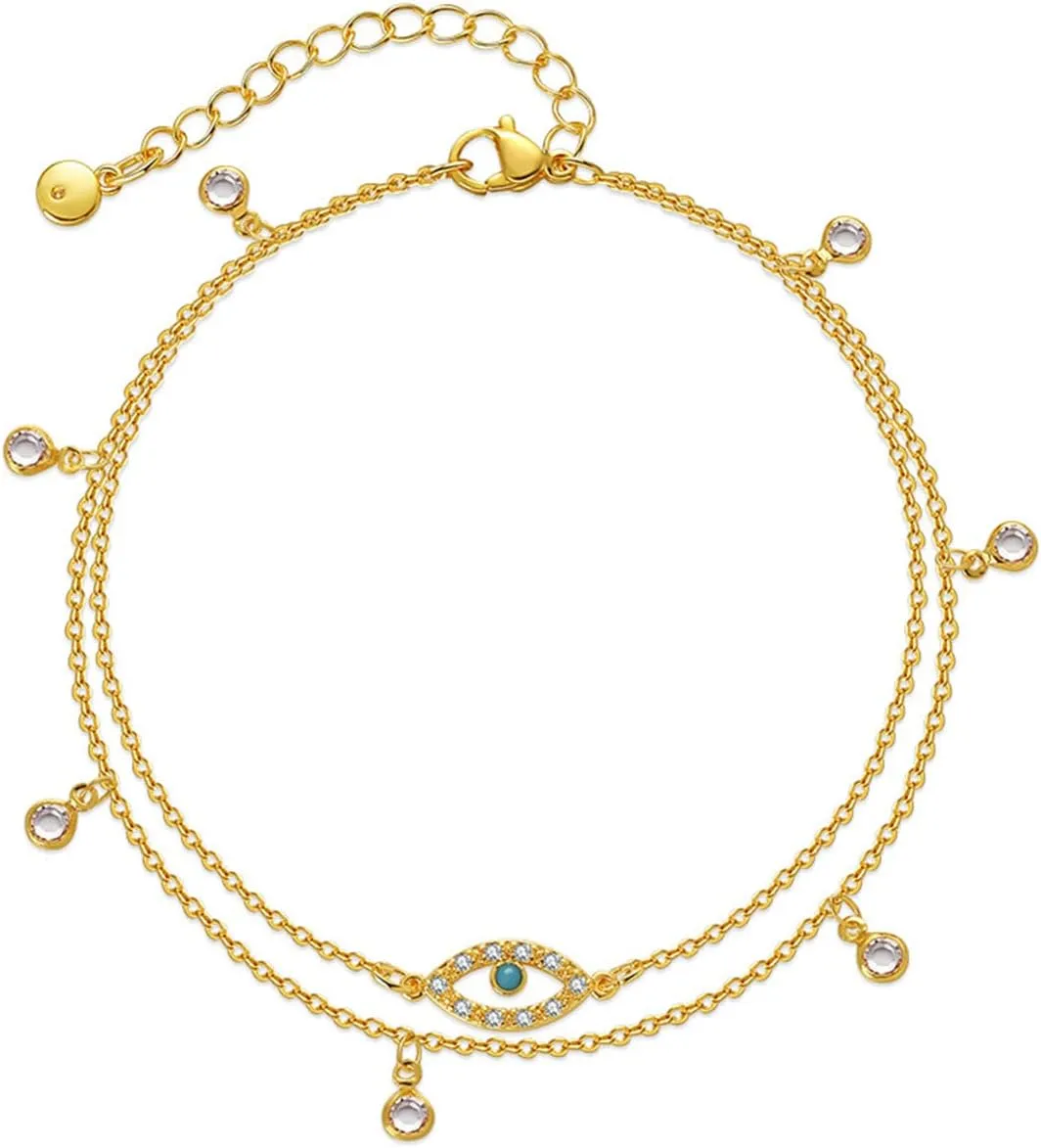 RINHOO 18k Gold Plated Evil Eye Anklet Lucky Turkey Blue Eye Hand of Fatima Butterfly Cross Anklet Bracelets for Women
