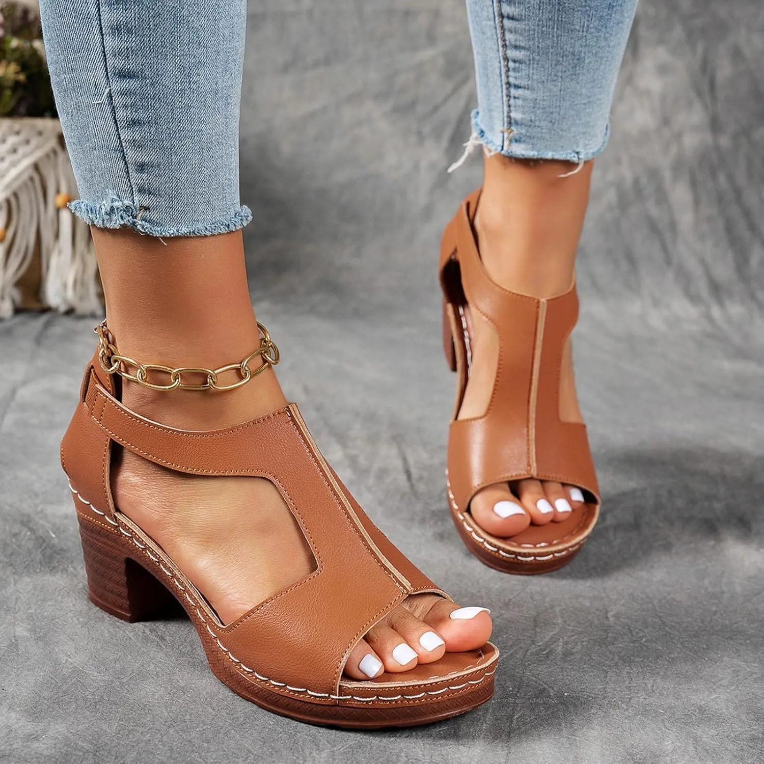 Sandals for Women 2025 Chunky Heel Orthopedic Elegant Comfortable Arch Support Open Toe Hollow Out Breathable Fashion Wedding Party Dress Sandals Casual Summer Ankle Strap Shoes