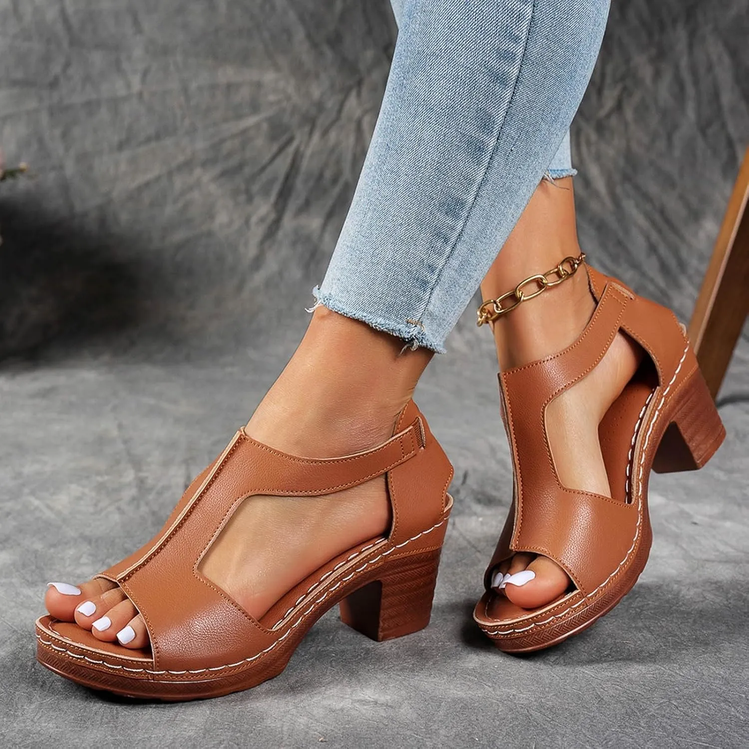 Sandals for Women 2025 Chunky Heel Orthopedic Elegant Comfortable Arch Support Open Toe Hollow Out Breathable Fashion Wedding Party Dress Sandals Casual Summer Ankle Strap Shoes