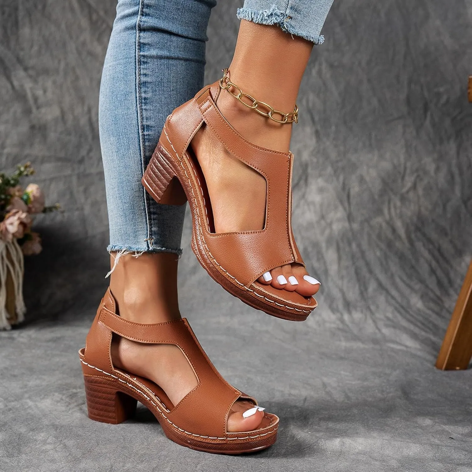 Sandals for Women 2025 Chunky Heel Orthopedic Elegant Comfortable Arch Support Open Toe Hollow Out Breathable Fashion Wedding Party Dress Sandals Casual Summer Ankle Strap Shoes