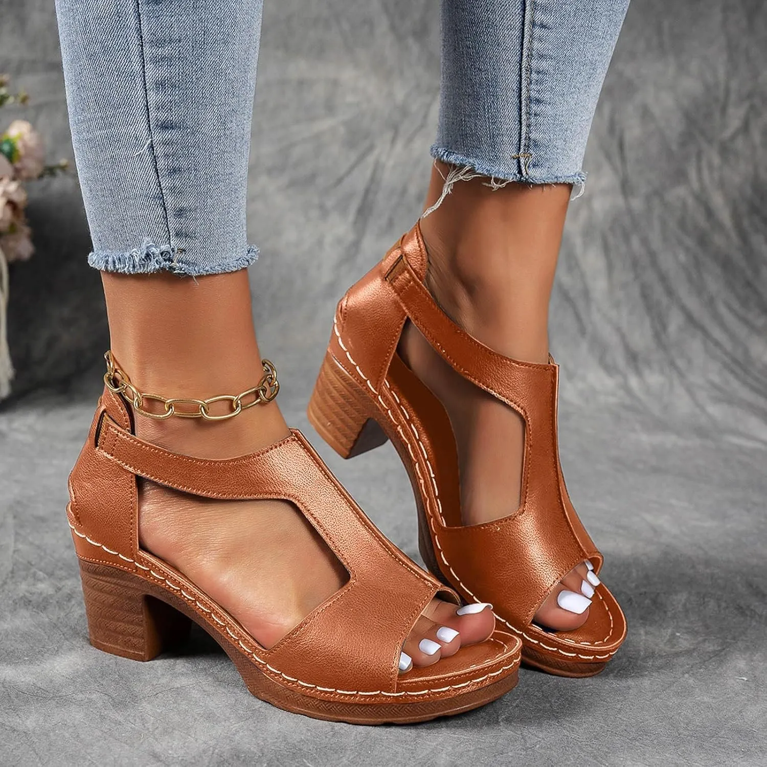 Sandals for Women 2025 Chunky Heel Orthopedic Elegant Comfortable Arch Support Open Toe Hollow Out Breathable Fashion Wedding Party Dress Sandals Casual Summer Ankle Strap Shoes