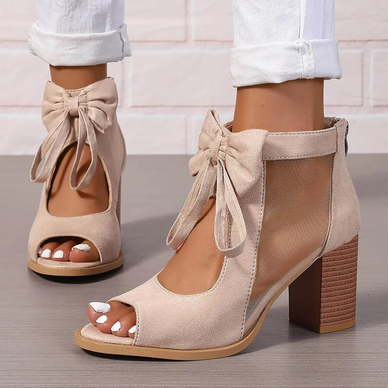 Sandals for Women 2025 Dressy Cute Bow Black Heels Back Zipper Fished Mouth Sexy Mesh Chunky Heeled Dress Shoes