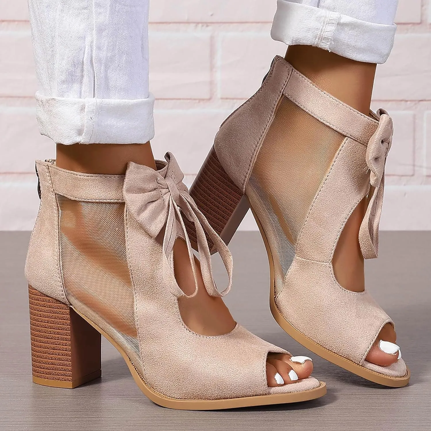 Sandals for Women 2025 Dressy Cute Bow Black Heels Back Zipper Fished Mouth Sexy Mesh Chunky Heeled Dress Shoes