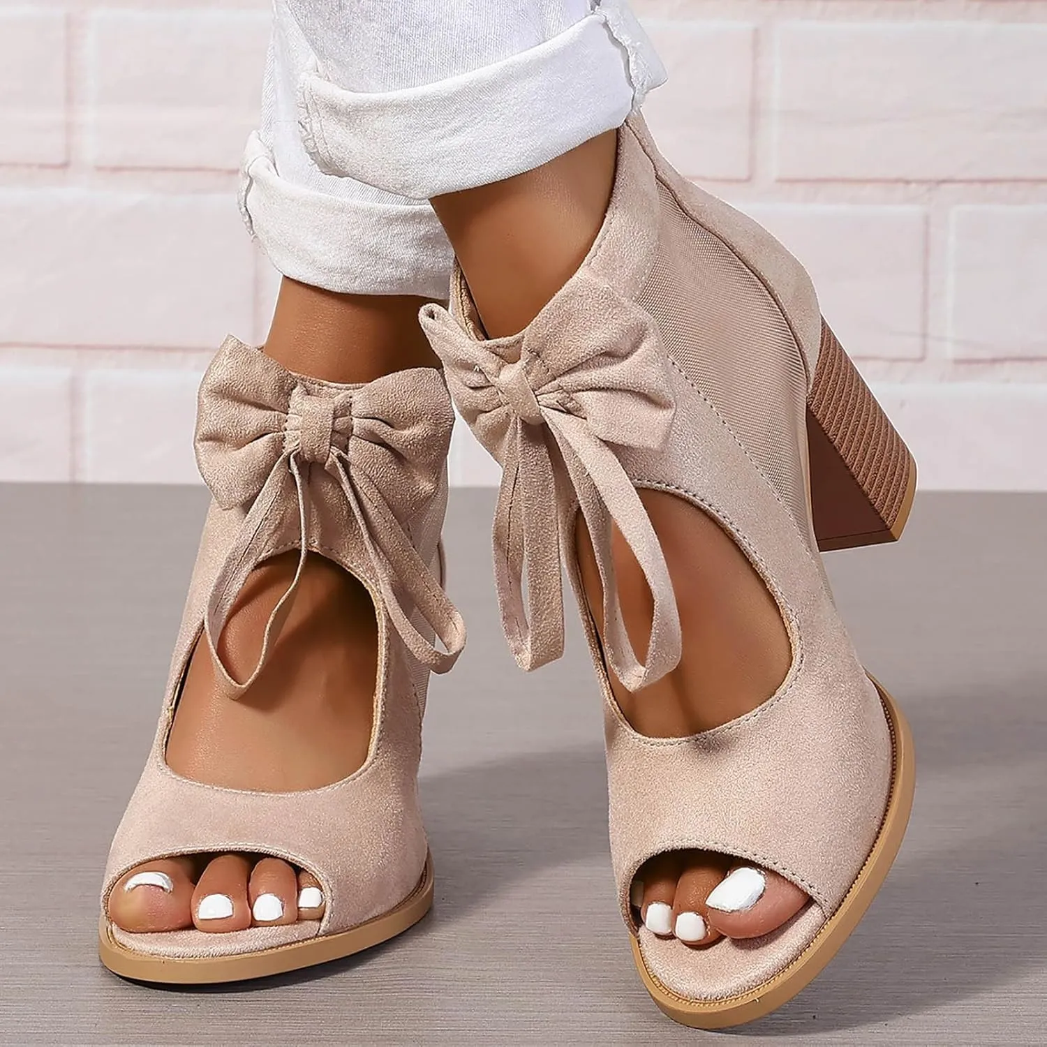 Sandals for Women 2025 Dressy Cute Bow Black Heels Back Zipper Fished Mouth Sexy Mesh Chunky Heeled Dress Shoes