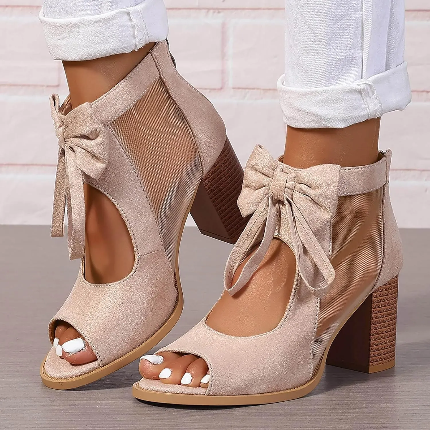 Sandals for Women 2025 Dressy Cute Bow Black Heels Back Zipper Fished Mouth Sexy Mesh Chunky Heeled Dress Shoes