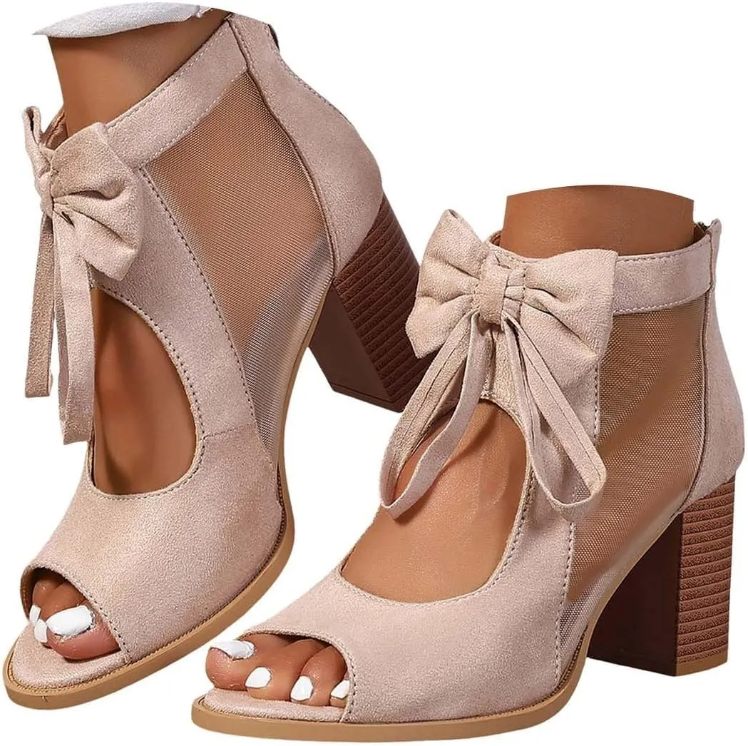 Sandals for Women 2025 Dressy Cute Bow Black Heels Back Zipper Fished Mouth Sexy Mesh Chunky Heeled Dress Shoes