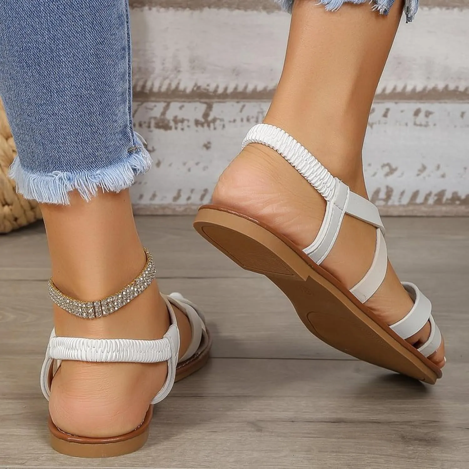 Sandals for Women 2025 Dressy Elastic Strap Women's Sandal Open Toe Strappy Flats Slides Fashion Summer Flat Shoes