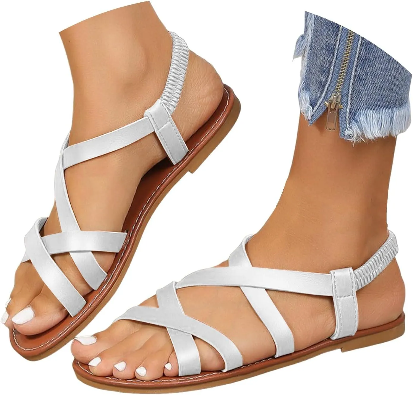 Sandals for Women 2025 Dressy Elastic Strap Women's Sandal Open Toe Strappy Flats Slides Fashion Summer Flat Shoes