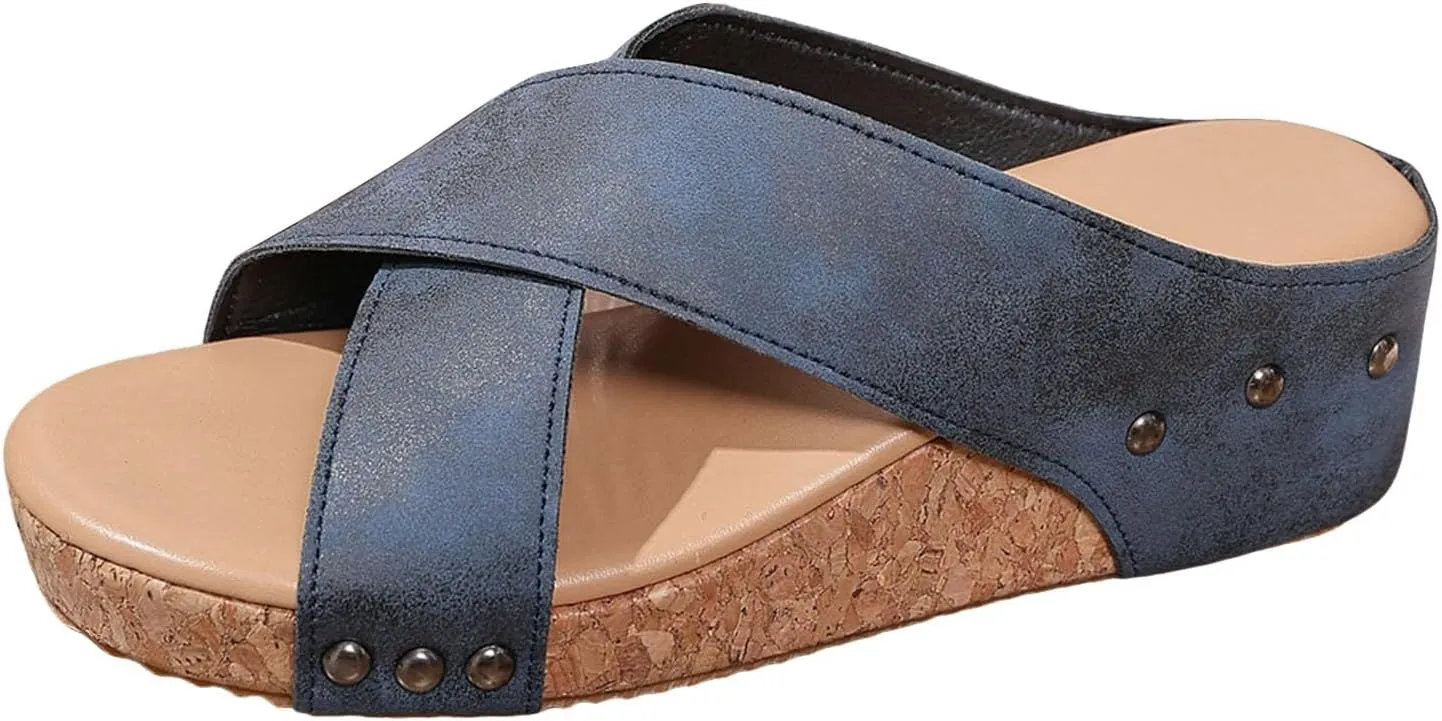 Sandals for Women 2025 Dressy Retro Strap Wedge Sandal Women's Slip On Rivet Platform Wedges Heels Summer Shoes