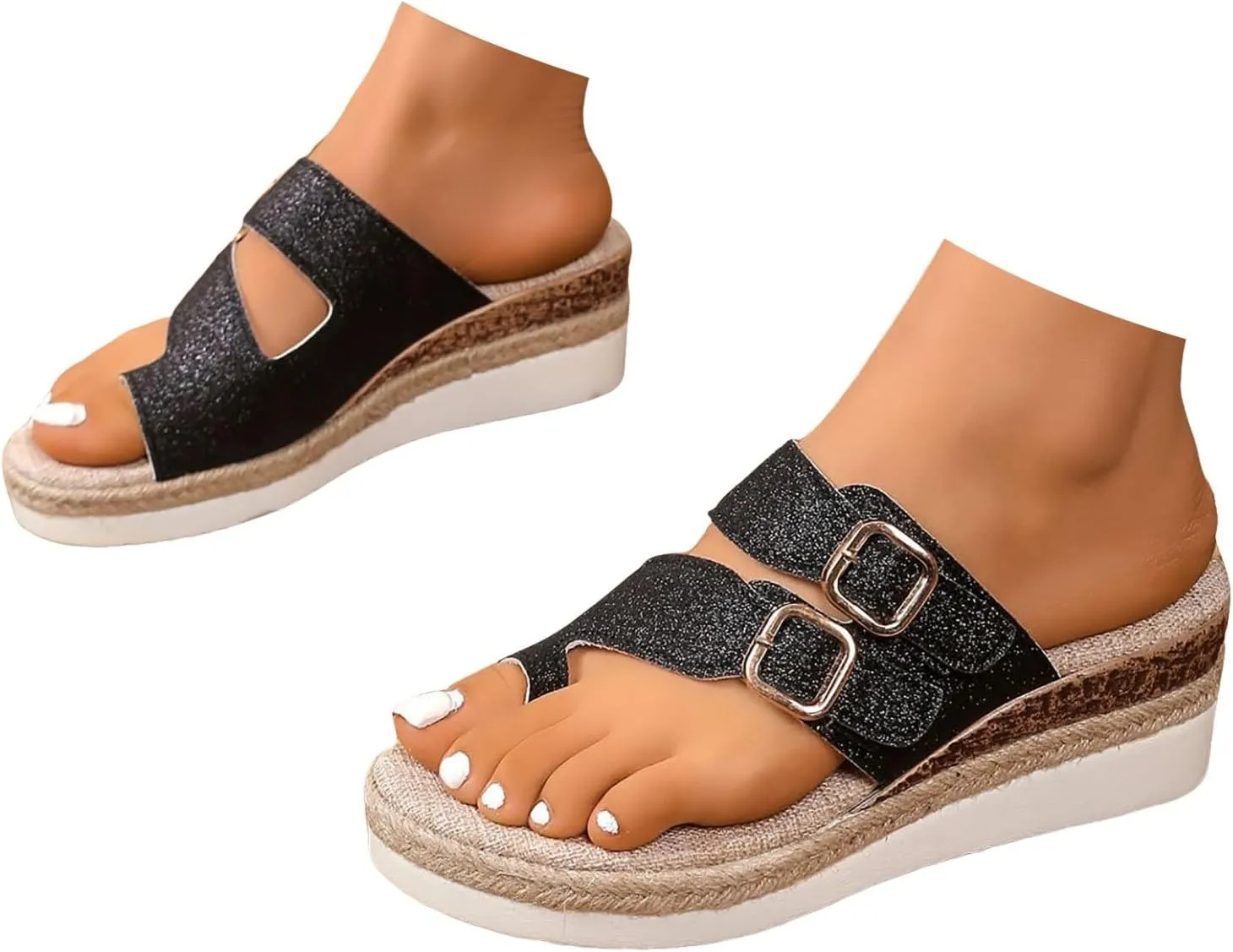 Sandals For Women 2025 Dressy Sequin Orthopedic Sandal 2 Adjustable Buckle Espadrille Wedge Flip Flops Platform Shoes