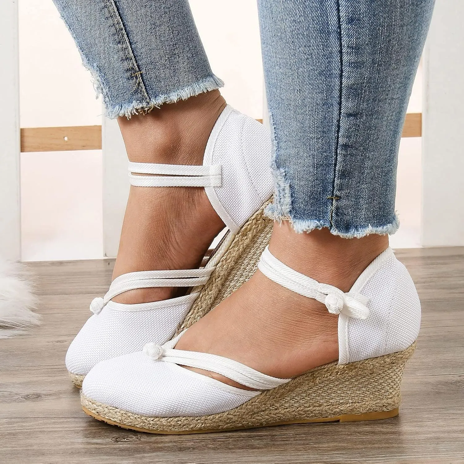 Sandals for Women Dressy Summer Ankle Strap Closed Toe Casual Shoes Linen Buckle Comfortable Breathable Beach Sandal 2025 Wedge Platform Summer Lace Up Outdoor Leisure Espadrille