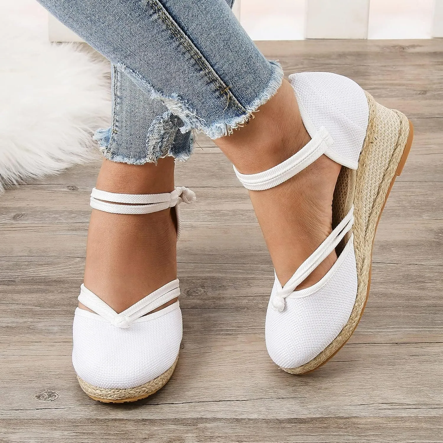 Sandals for Women Dressy Summer Ankle Strap Closed Toe Casual Shoes Linen Buckle Comfortable Breathable Beach Sandal 2025 Wedge Platform Summer Lace Up Outdoor Leisure Espadrille