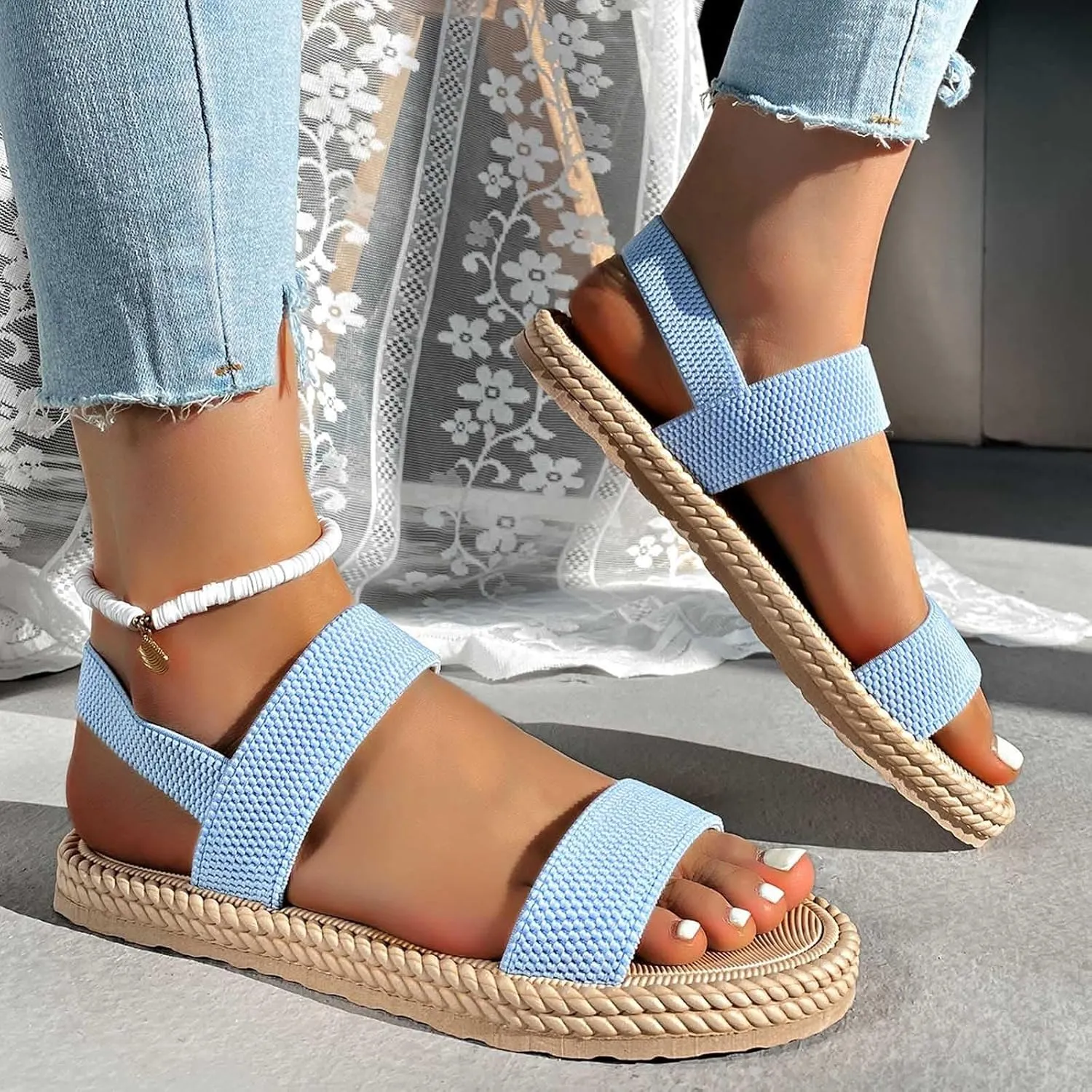 Sandals for Women Elastic Ankle Strap Sandals Vacation Comfortable Flat Sandals Summer Beach Open Toe Shoes