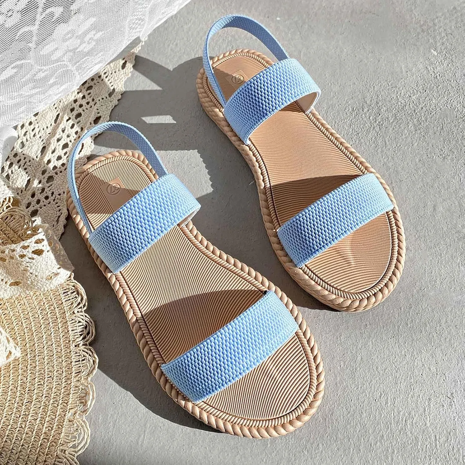 Sandals for Women Elastic Ankle Strap Sandals Vacation Comfortable Flat Sandals Summer Beach Open Toe Shoes