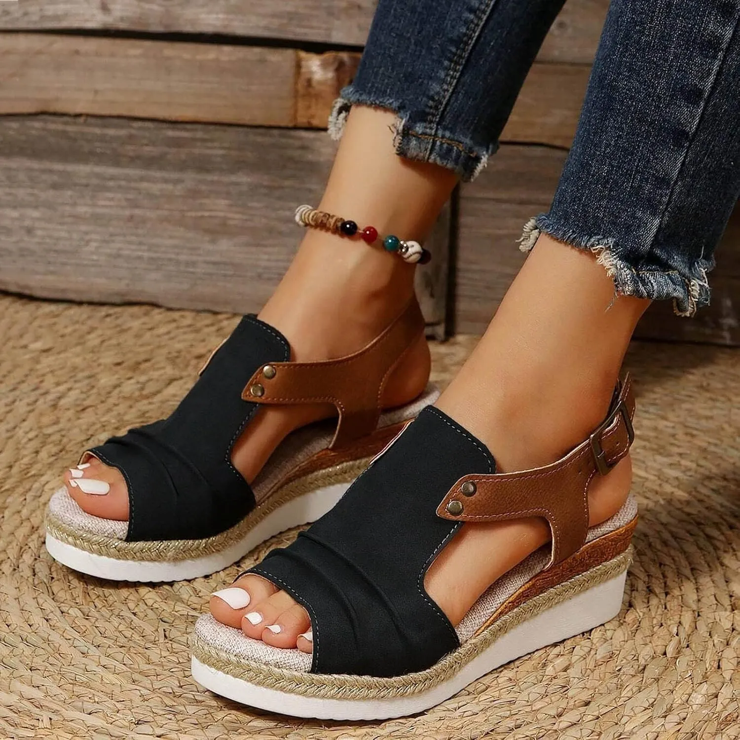 Sandals for Women, Open Toe Dressy Summer Espadrilles for Women Ankle Strap Orthopedic Wedge Platform Sandals