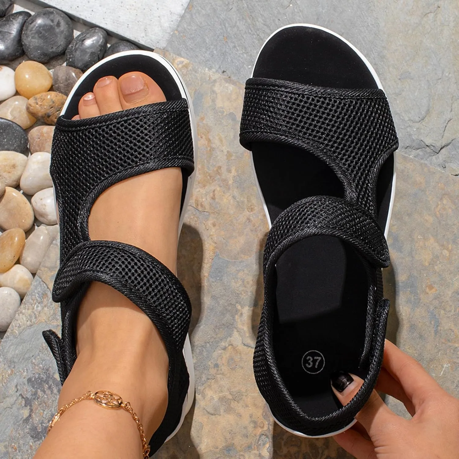 Sandals for Women Summer 2025 Comfortable Platform Wedge Sandals Open Toe Buckle Ankle Strap Sandal, Fish Mouth Mesh Breathable Walking Shoes Beach Slip on Platrorm Orthopedic Sandal