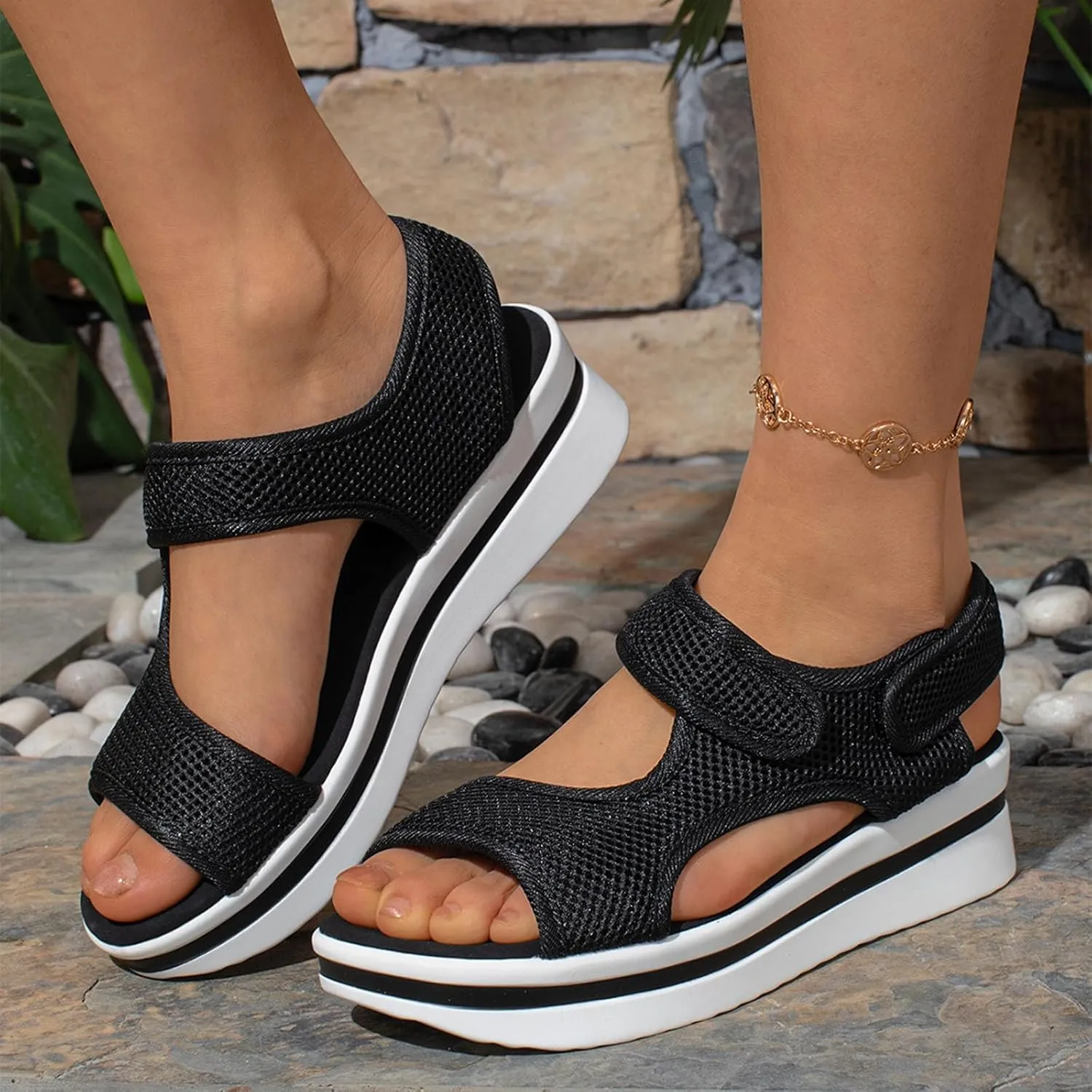 Sandals for Women Summer 2025 Comfortable Platform Wedge Sandals Open Toe Buckle Ankle Strap Sandal, Fish Mouth Mesh Breathable Walking Shoes Beach Slip on Platrorm Orthopedic Sandal
