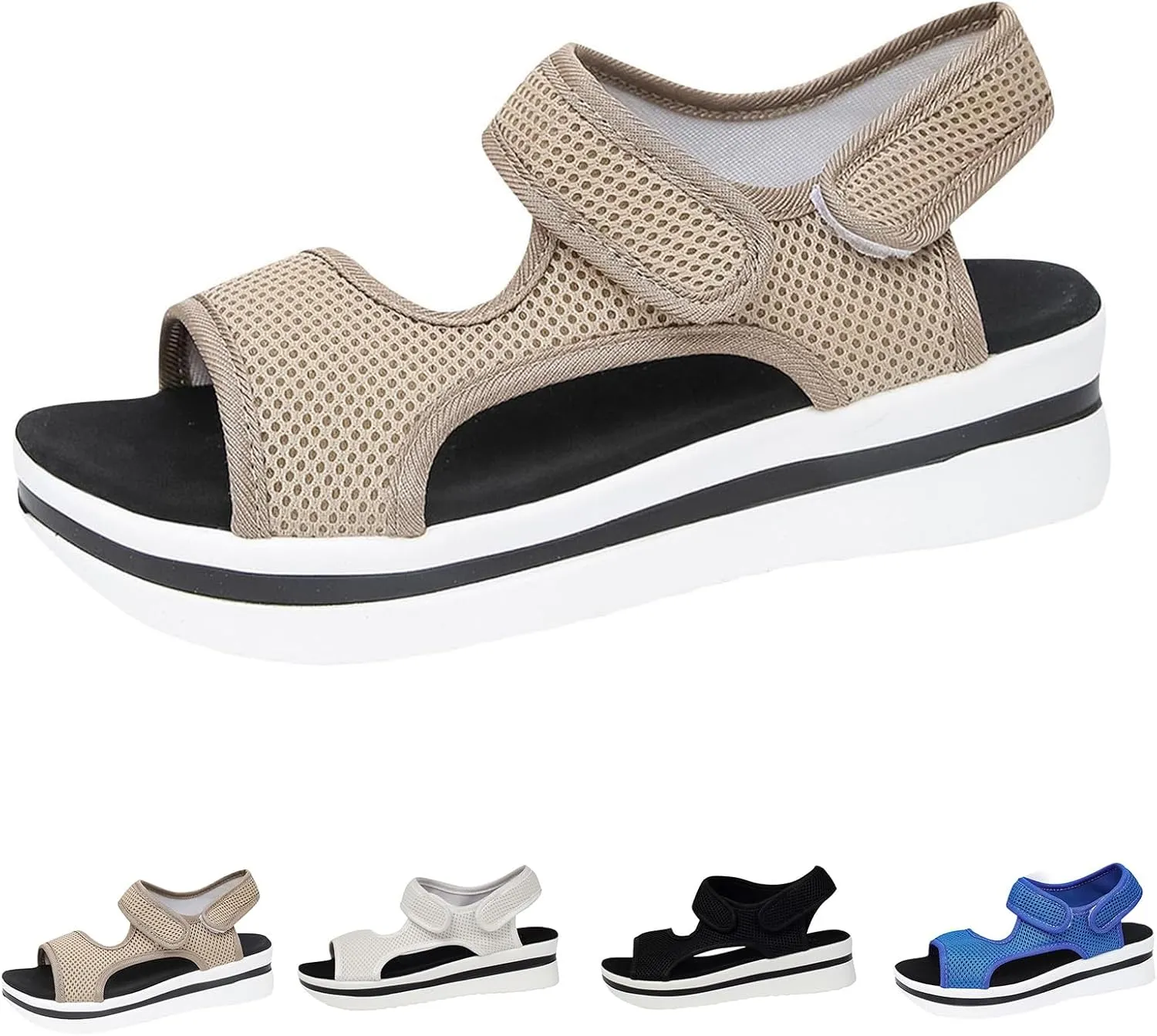 Sandals for Women Summer 2025 Comfortable Platform Wedge Sandals Open Toe Buckle Ankle Strap Sandal, Fish Mouth Mesh Breathable Walking Shoes Beach Slip on Platrorm Orthopedic Sandal